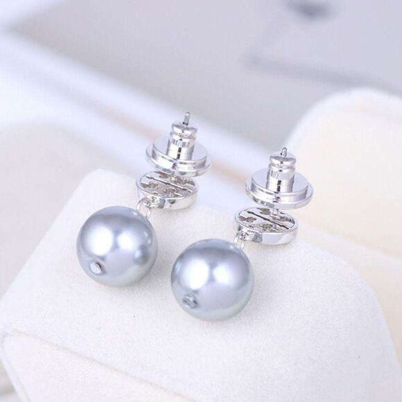 NWOT Tory Burch Silver Logo, Gray Pearl Dangle Stud Earrings - Picture 3 of 6